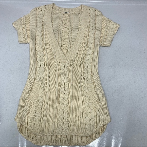 Old Navy Y2K Sweater Woman Medium  Cable Knit Deep V Pockets Hi Low Neutral Work - Picture 6 of 10